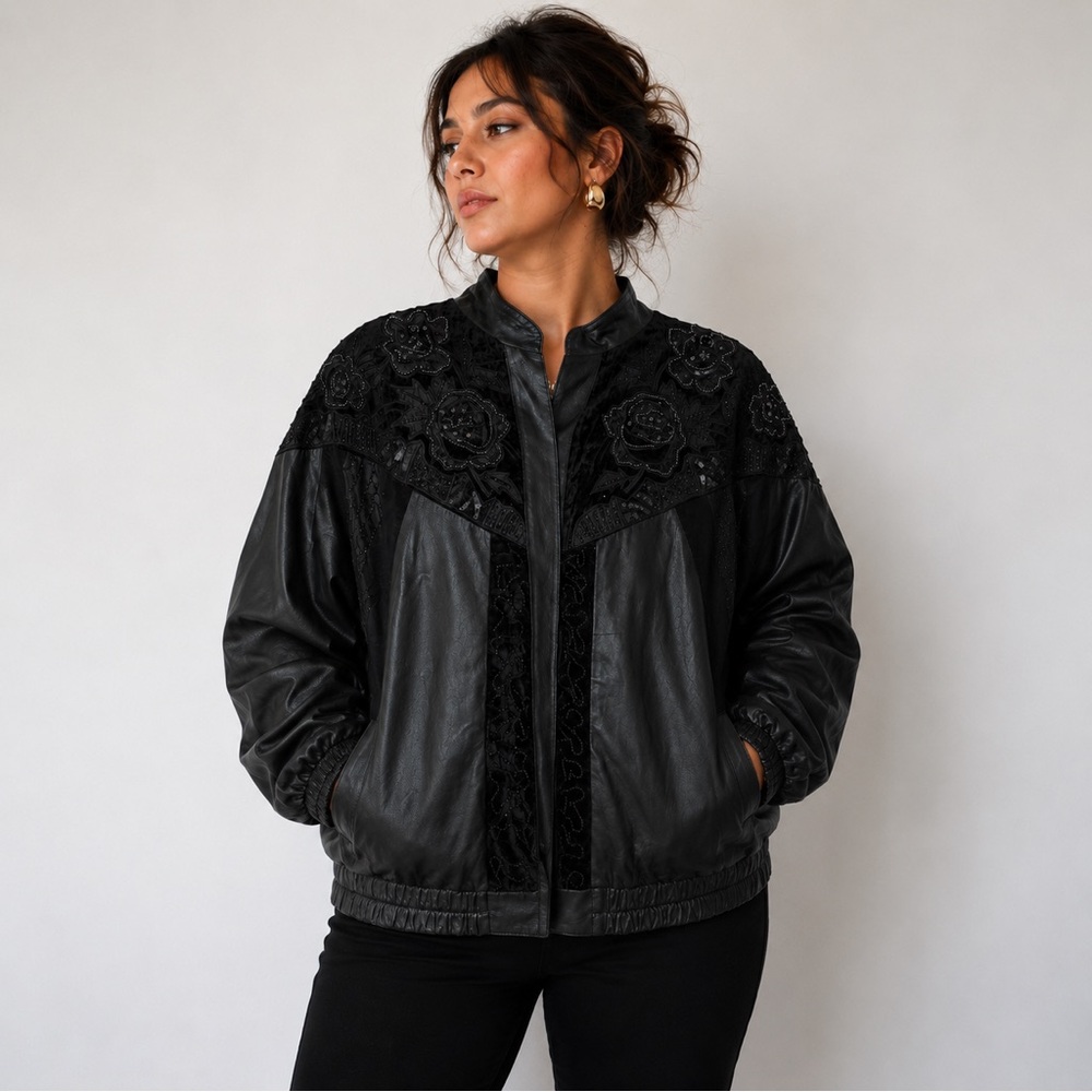 Vintage Judith Ann Creations Black Leather Beaded Bomber Jacket Womens XL